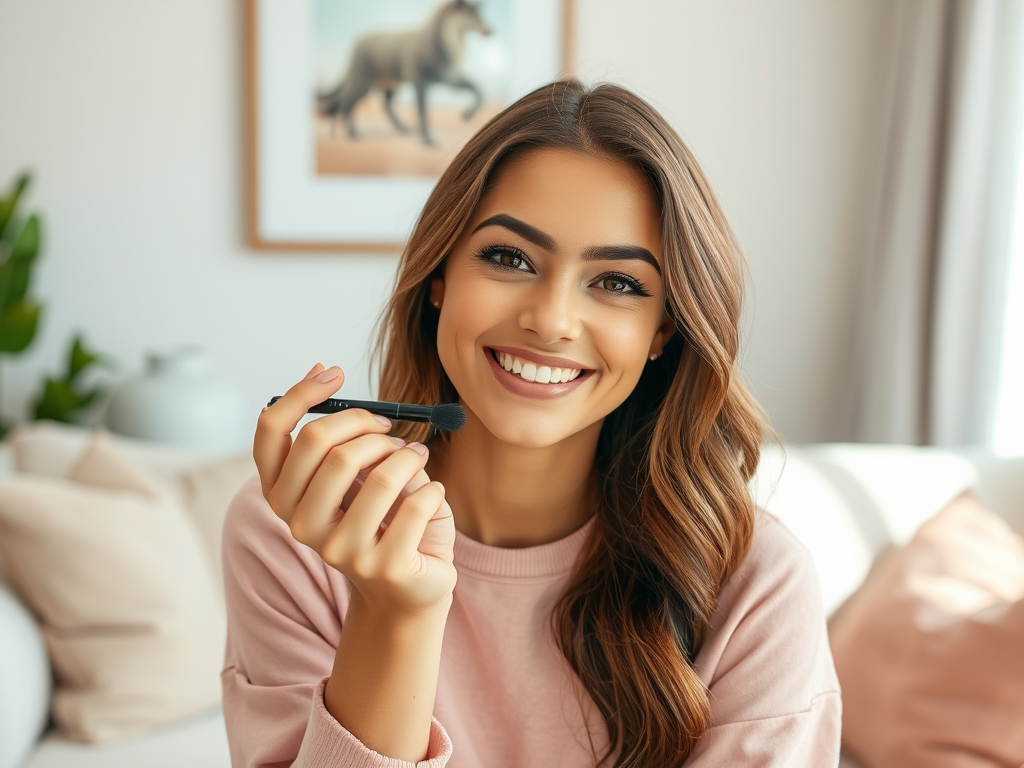 A young woman with long brown hair smiles while holding a makeup brush in a cozy, light-filled room.