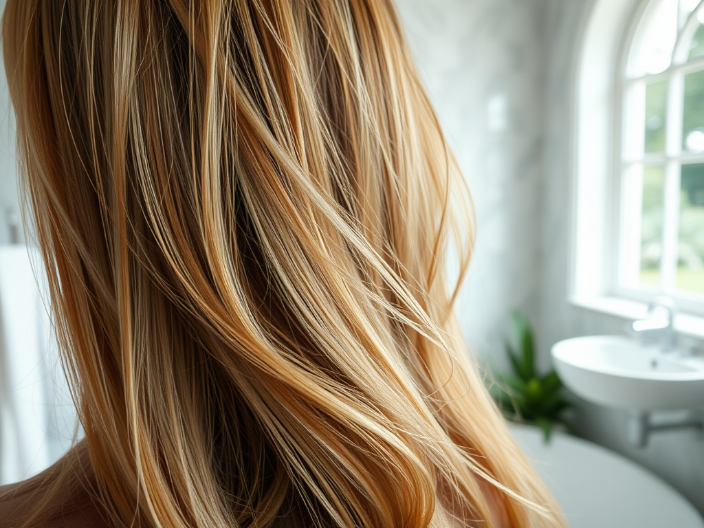 Long, wavy blonde hair flows gently, with a bright bathroom setting and greenery in the background.