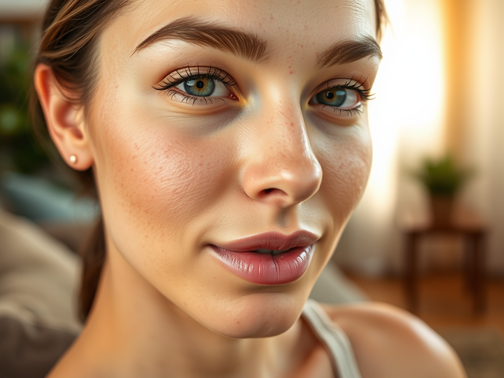 A close-up of a young woman with clear skin, blue eyes, and a soft smile, illuminated by natural light.