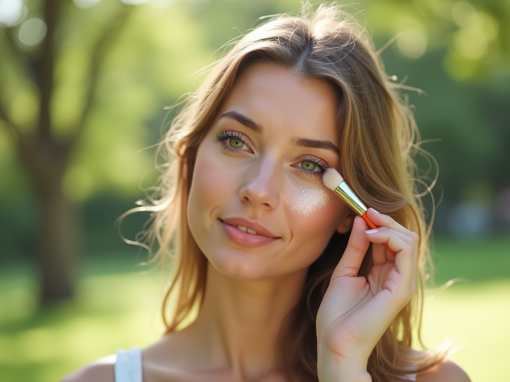 Woman applying makeup with a brush outdoors, surrounded by greenery.