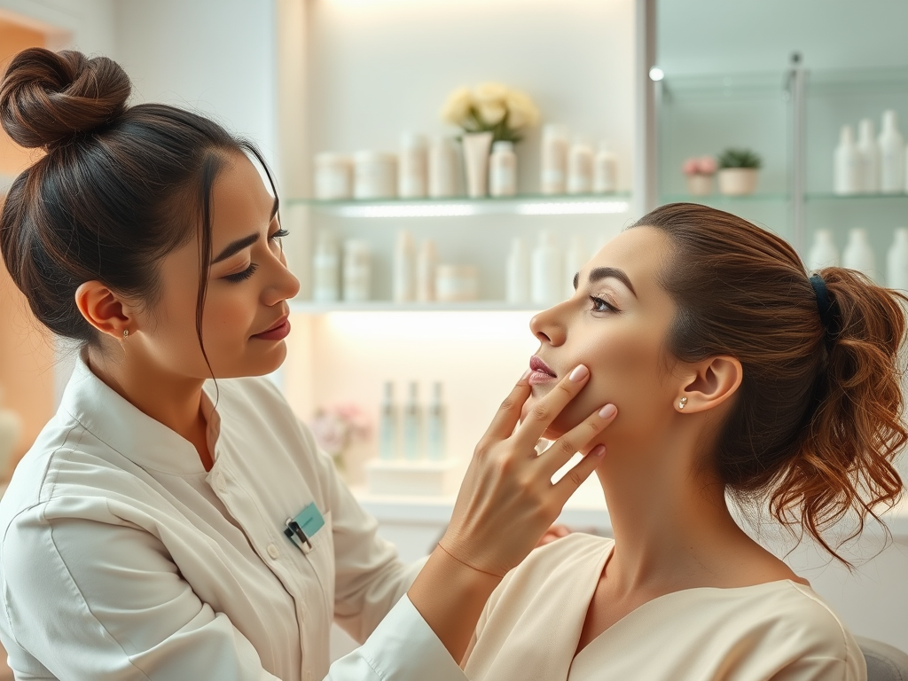 A beautician examines a client's skin in a well-lit spa, surrounded by skincare products.