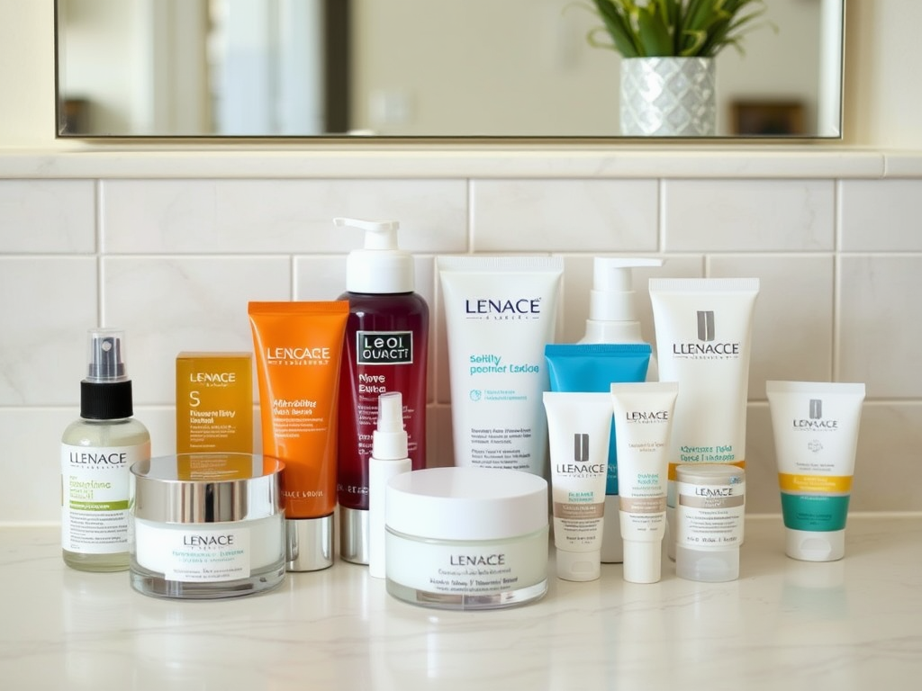 A neatly arranged display of various skincare products on a marble countertop, with a mirror in the background.