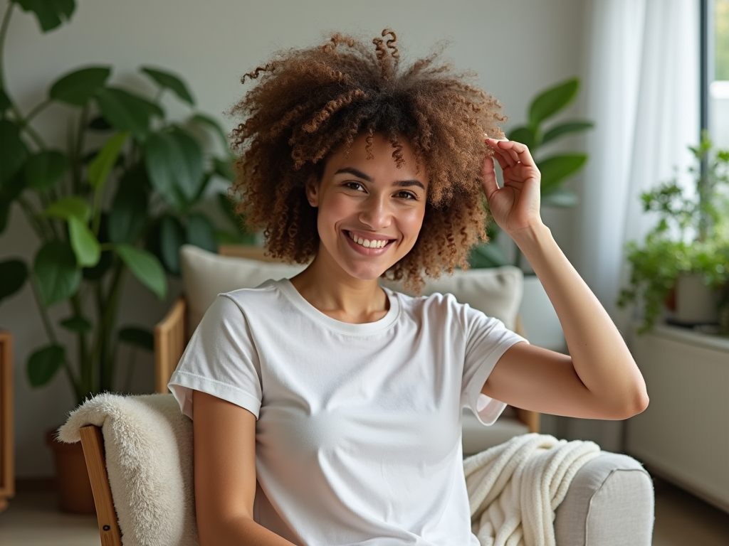 Smiling woman with curly hair sitting in a cozy room with green plants.