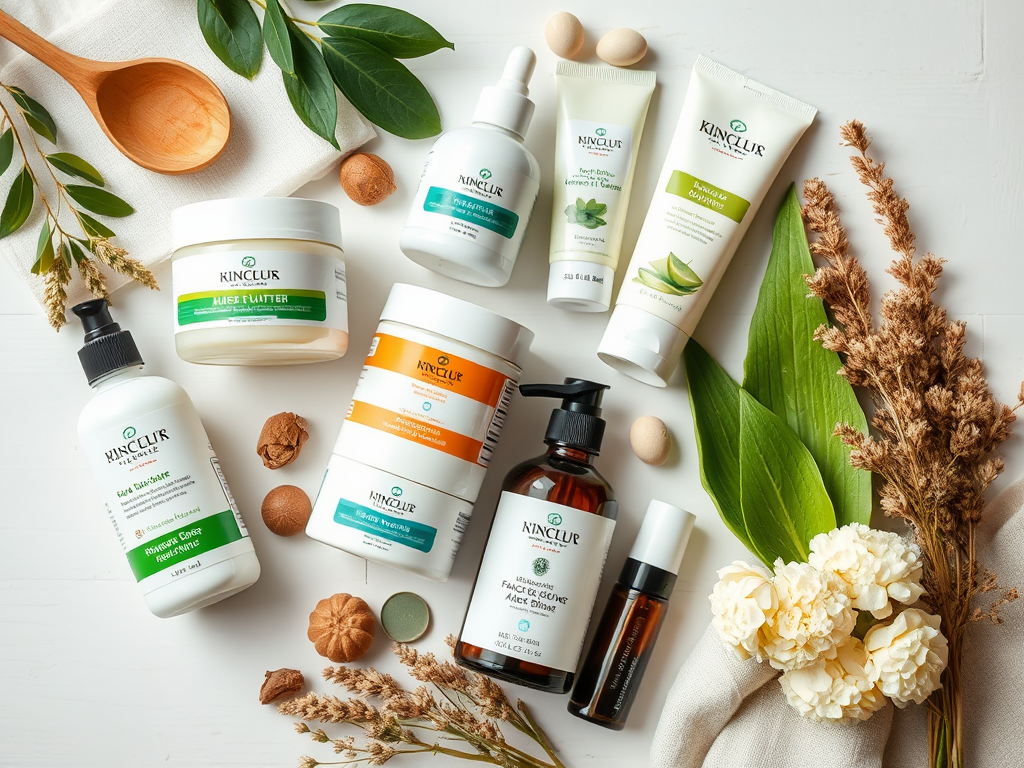 A variety of skincare products arranged with natural elements, including leaves and flowers, on a wooden surface.