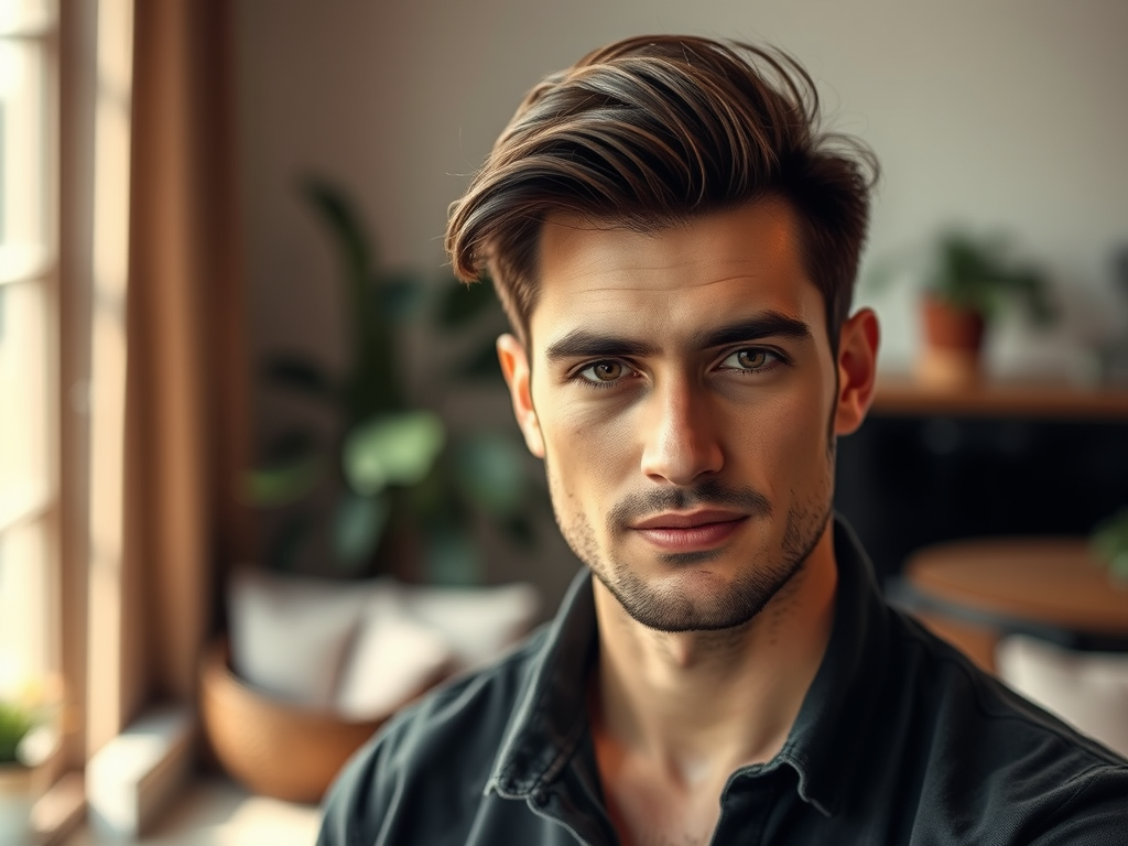 A young man with stylish hair and a serious expression, sitting in a warmly lit indoor setting with plants.