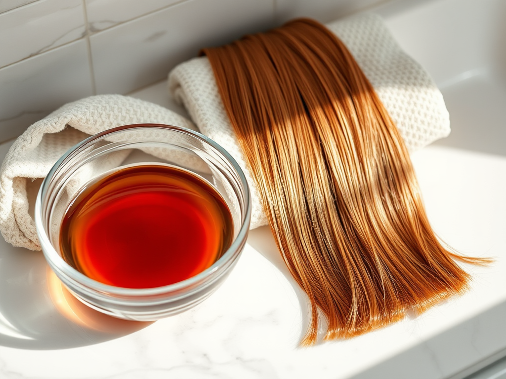 A glass bowl with dark liquid next to a bundle of shiny, orange hair on a textured white towel.