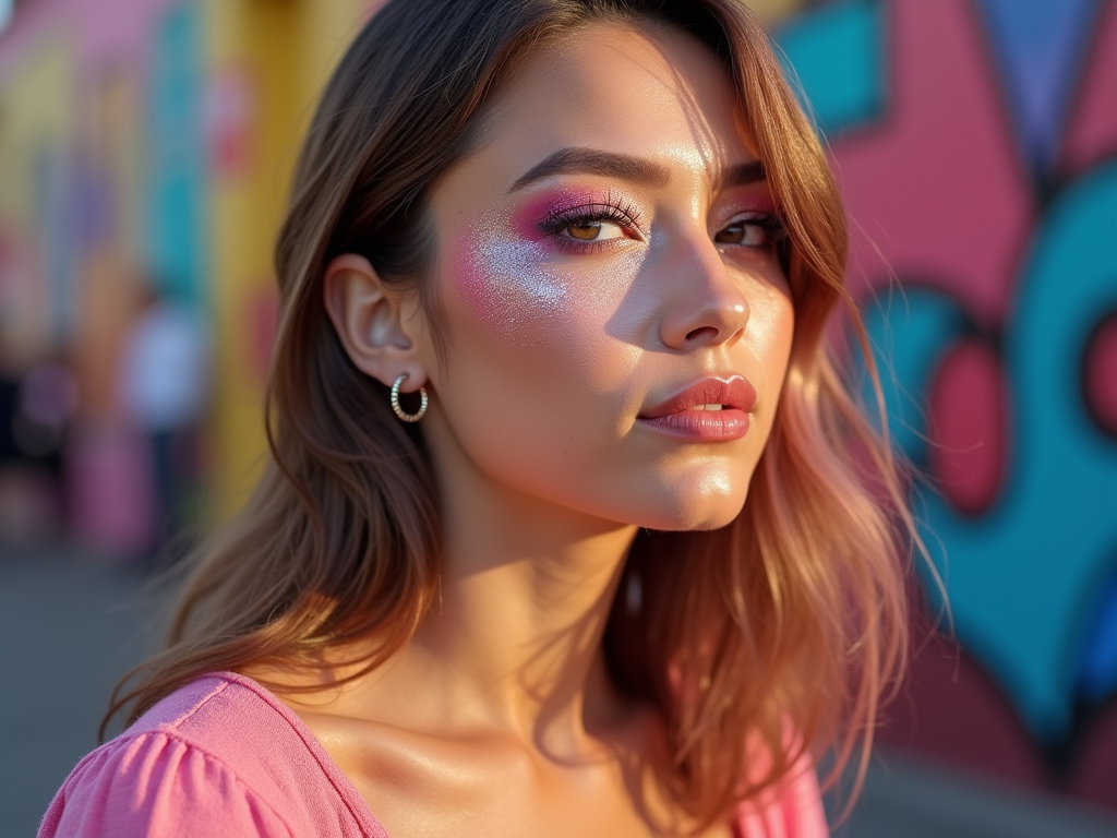 Woman with sparkling pink makeup, looking away, colorful graffiti background.