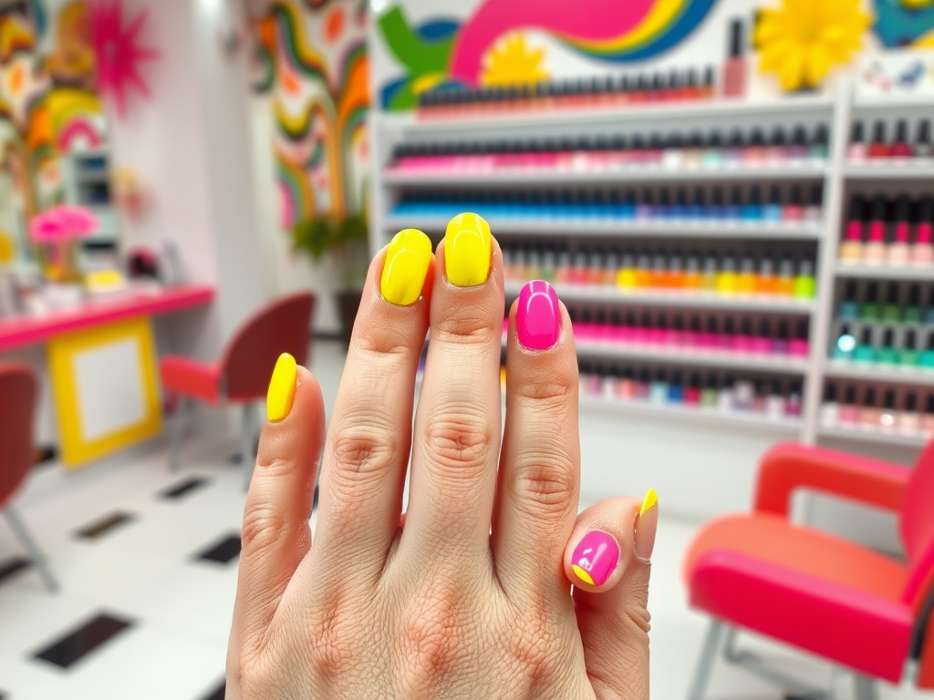 A close-up of a hand with brightly colored nails: yellow, pink, and white, in a vibrant nail salon setting.