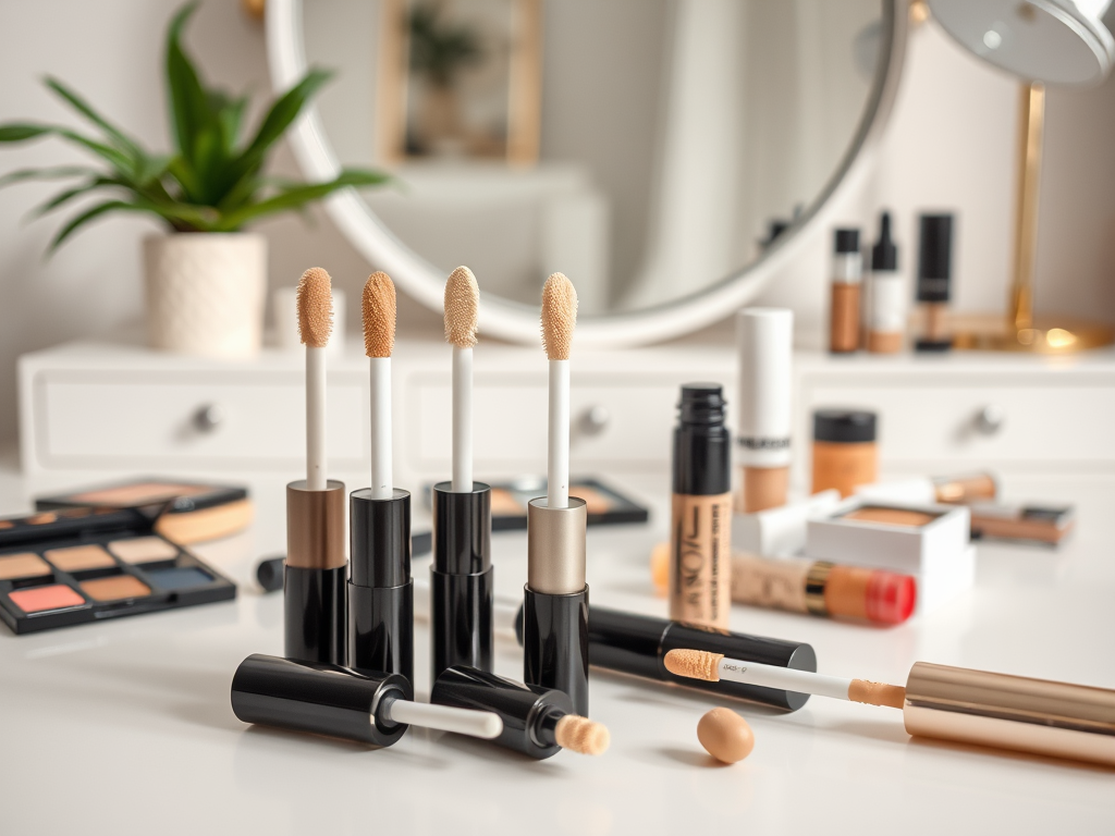 Aesthetic arrangement of makeup products, including concealers and foundation, on a vanity table with a mirror.