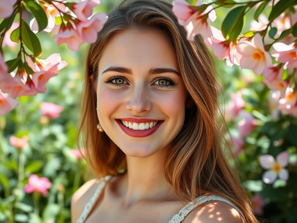 A smiling woman with long brown hair stands among pink flowers, radiating joy and warmth in a bright setting.