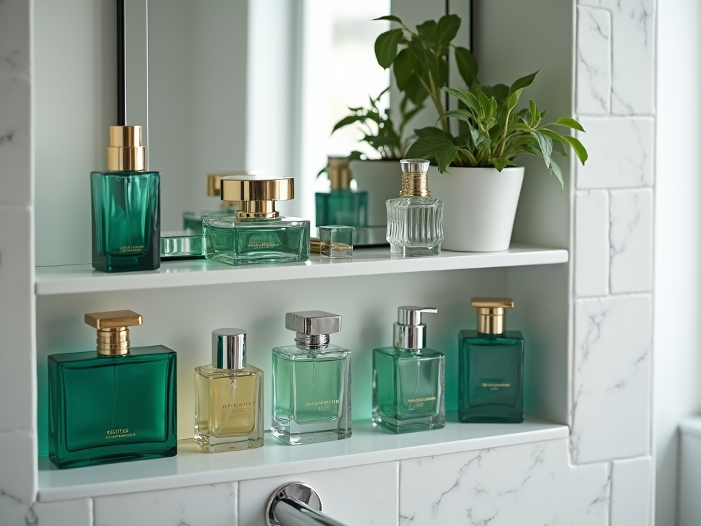 Elegant perfume bottles arranged on a bathroom shelf with a potted plant in a modern setting.