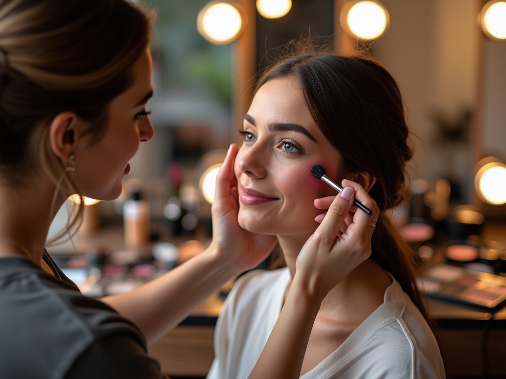 Makeup artist applying blush to a smiling woman in a well-lit beauty salon.