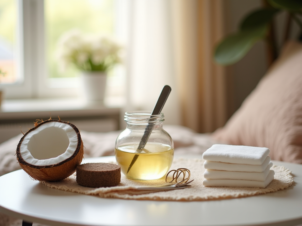 Spa essentials with coconut, jar of oil, and white towels on a serene table by a window.