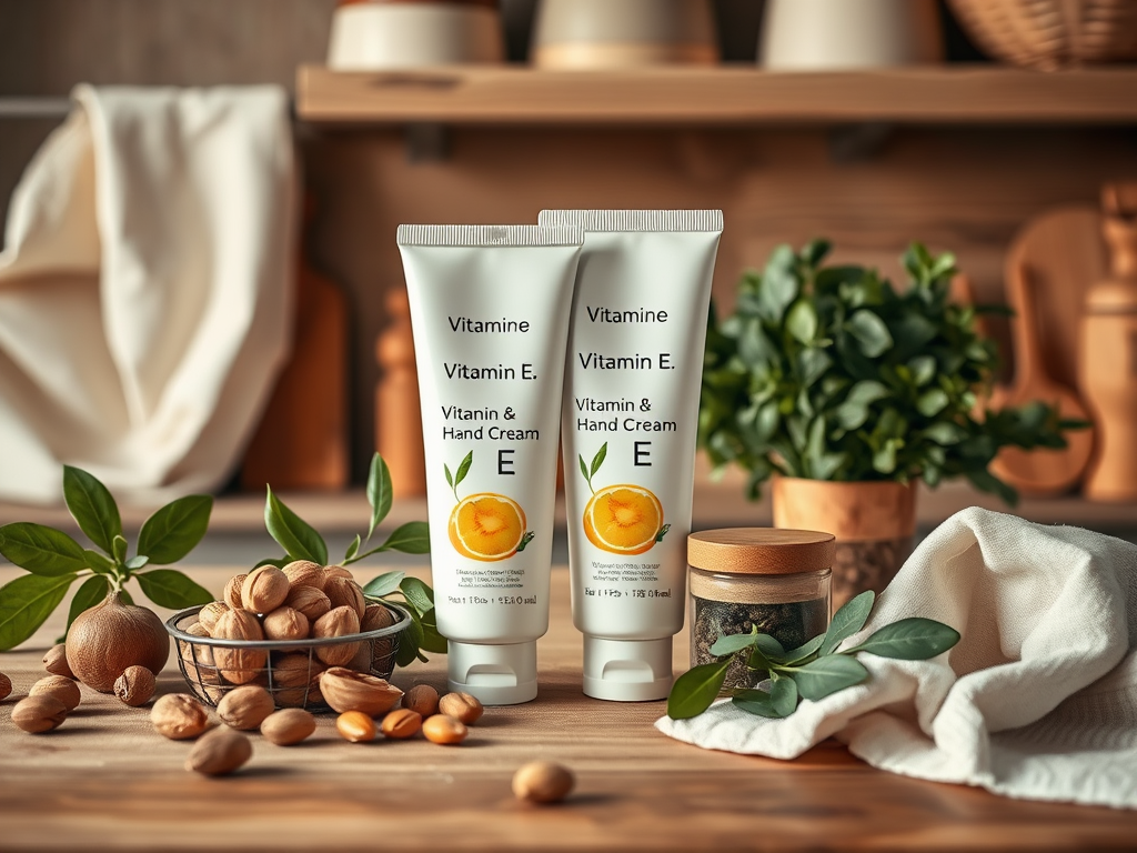 Two tubes of Vitamin E hand cream on a wooden surface surrounded by nuts and greenery, with soft fabric in the scene.