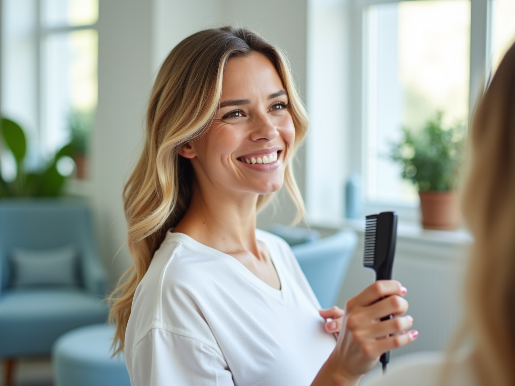 Smiling woman holding a comb, looking at another person in a bright room.