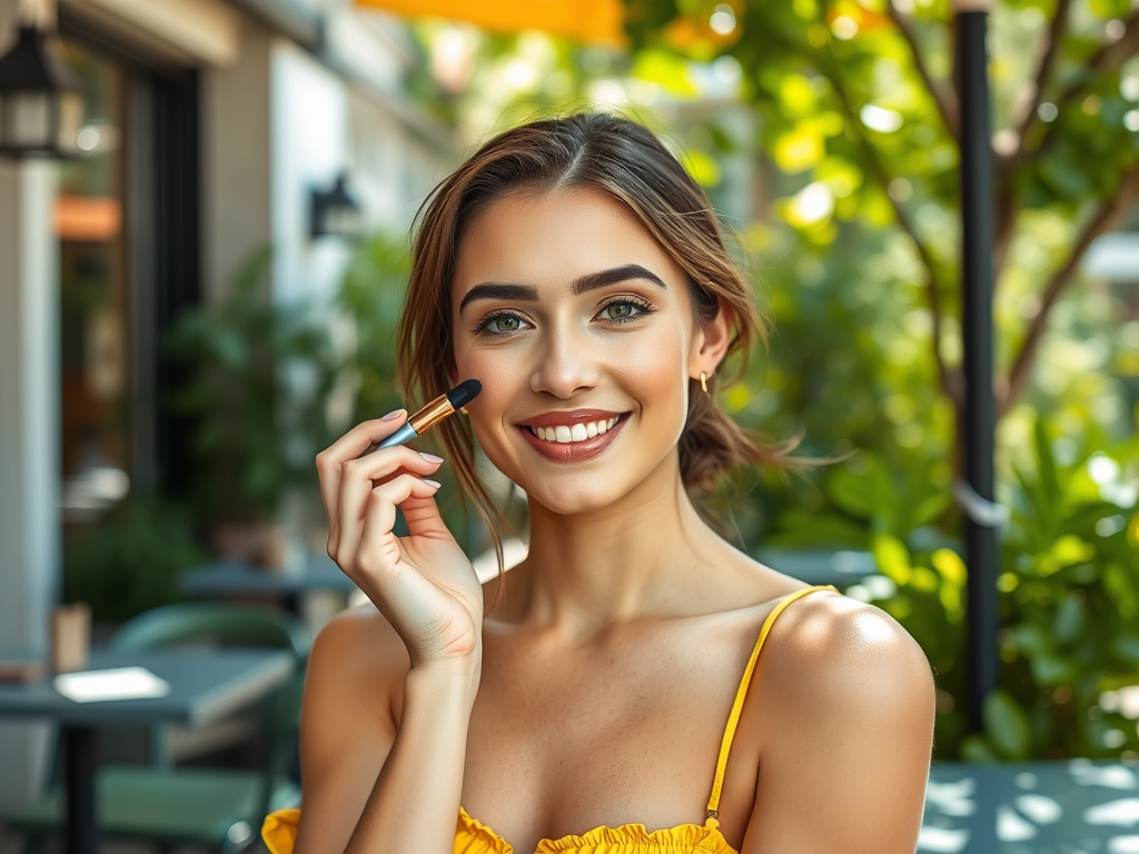 A smiling woman in a yellow top holds a makeup brush, with greenery and outdoor seating in the background.