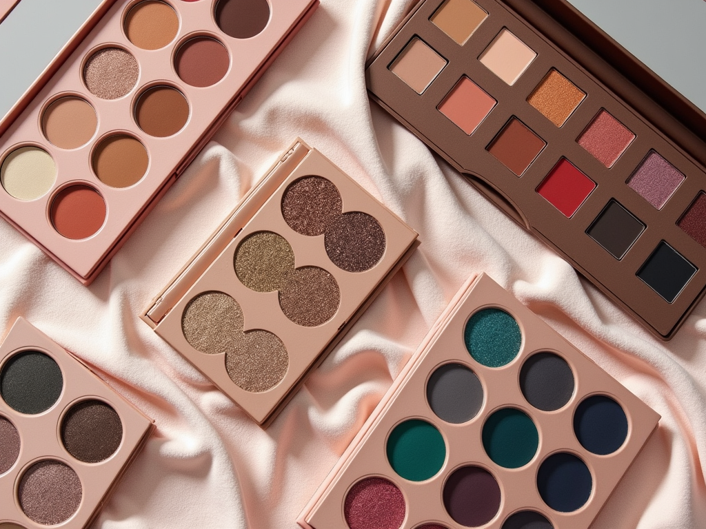 Assorted eyeshadow palettes with various colors displayed on a pink fabric surface.