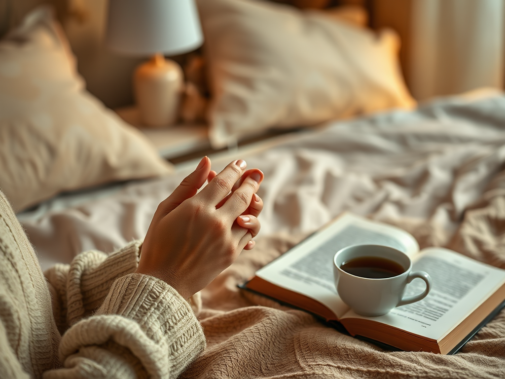 A cozy scene featuring hands clasped, a book open on a bed, and a cup of coffee nearby, with soft lighting.