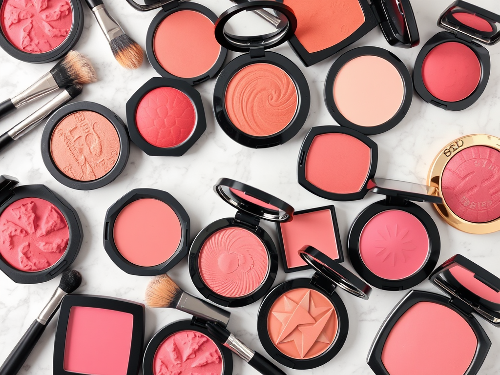 A flat lay of various blushes and makeup brushes on a marble surface, showcasing different shades and textures.