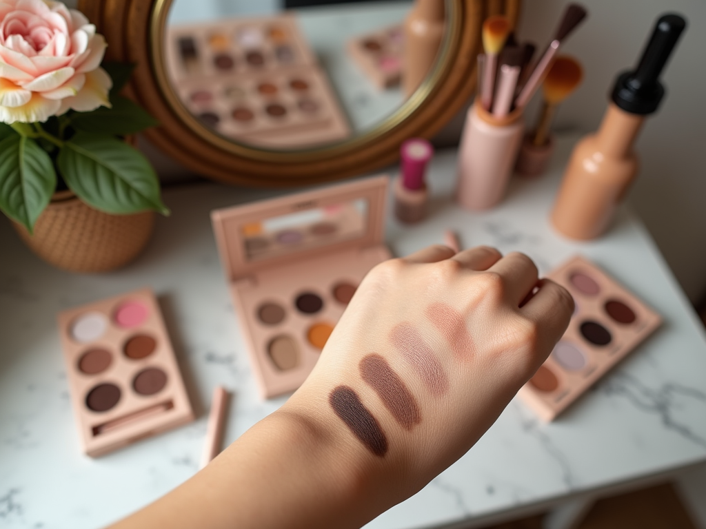 Hand with eyeshadow swatches, makeup palettes and brushes on vanity table.