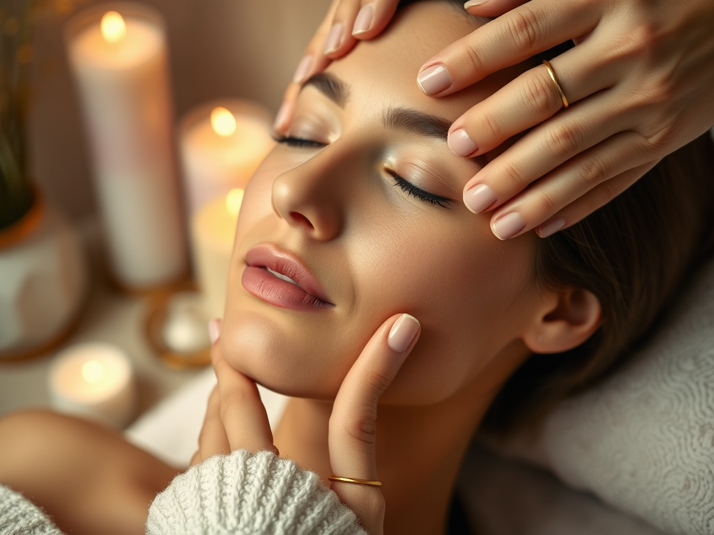 A serene woman enjoys a facial treatment, surrounded by softly glowing candles and gentle hands.