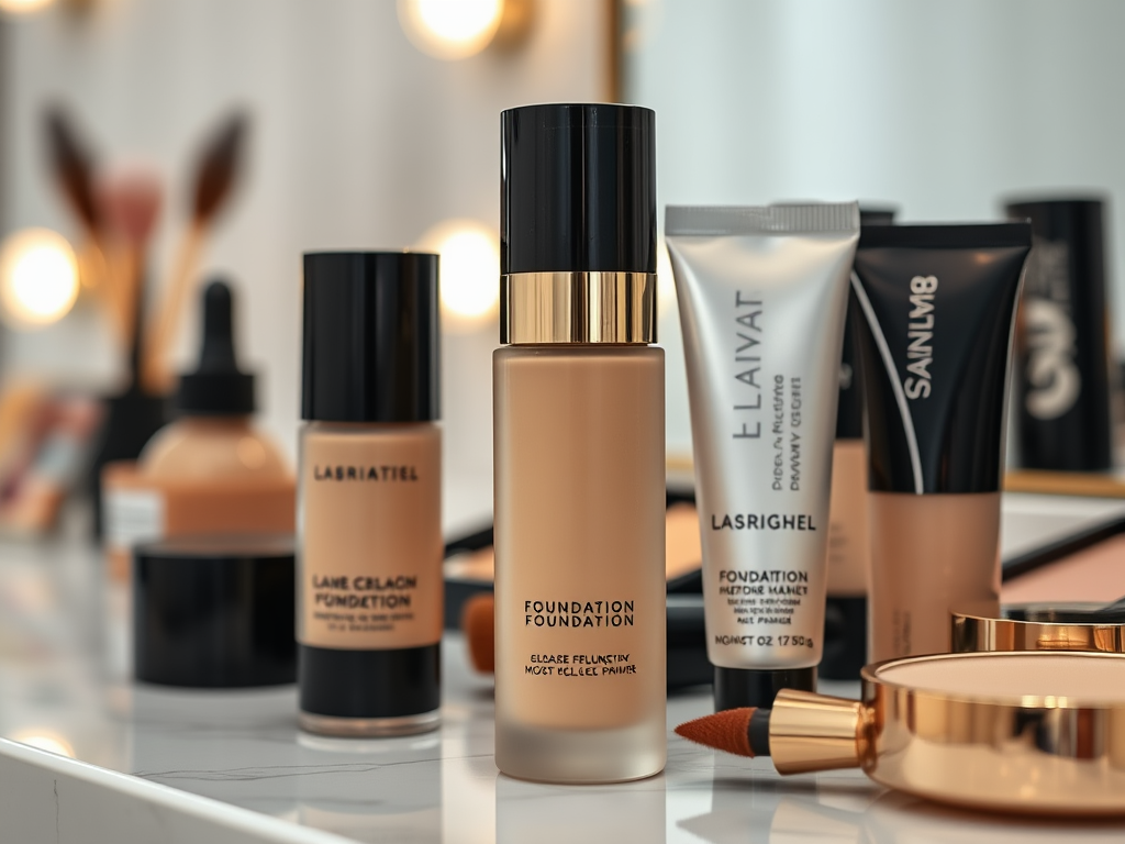 A variety of foundation bottles and makeup products on a marble surface with brushes and mirrors in the background.