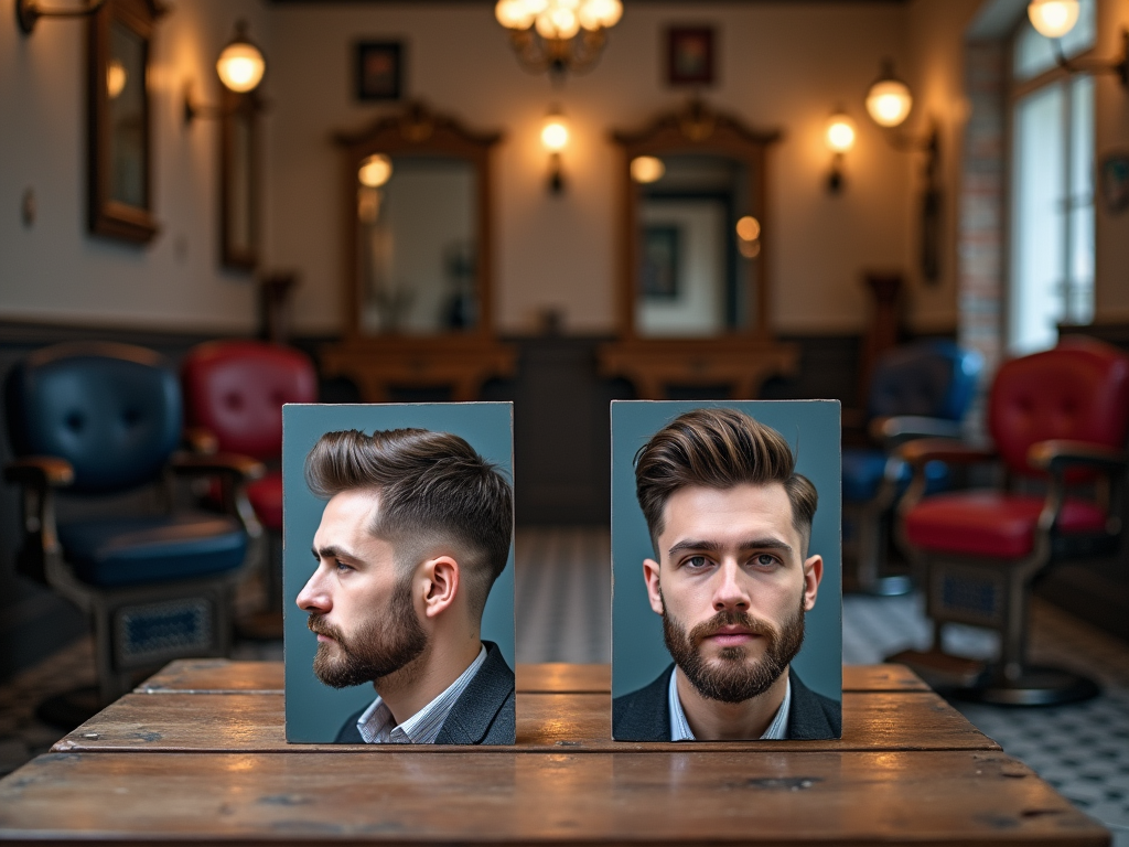 Two portrait photos of a man placed on a table in a stylish barbershop.