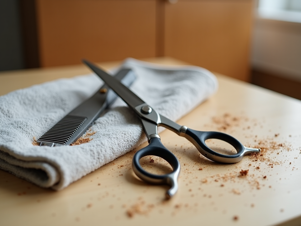 Haircutting scissors and comb on a towel with hair trimmings on a wooden table.