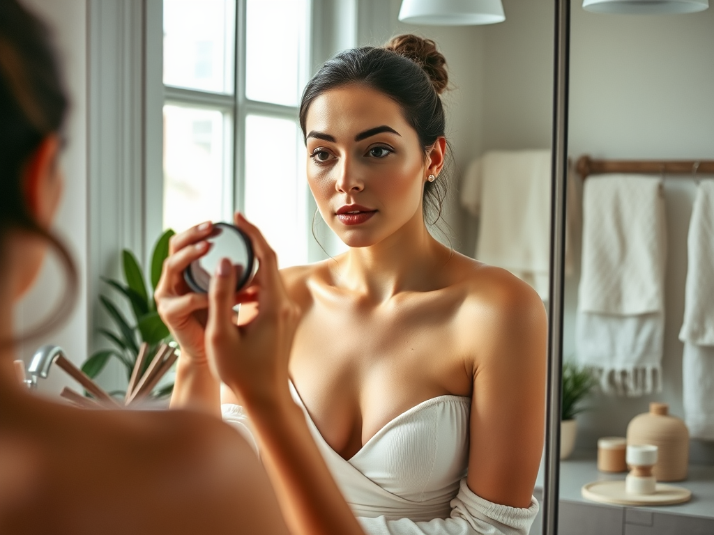 A woman in a white top looks in a mirror, holding a cosmetic jar in a sunlit bathroom.