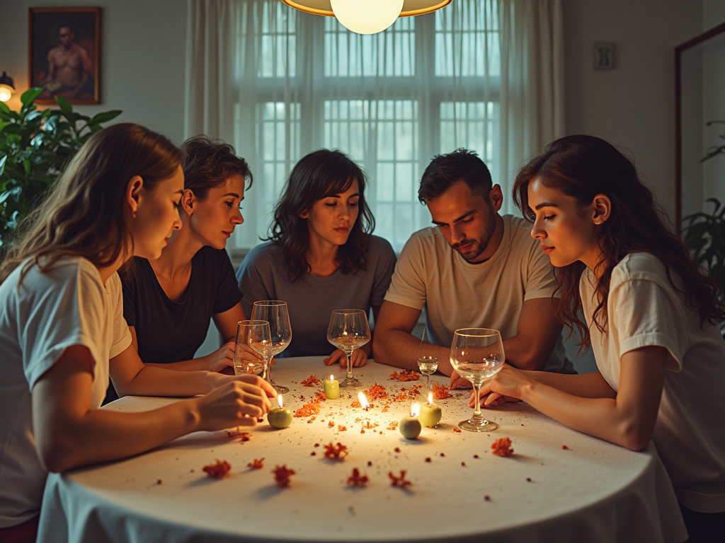 Group of five people engaged in a seance at a candlelit table, looking contemplative.