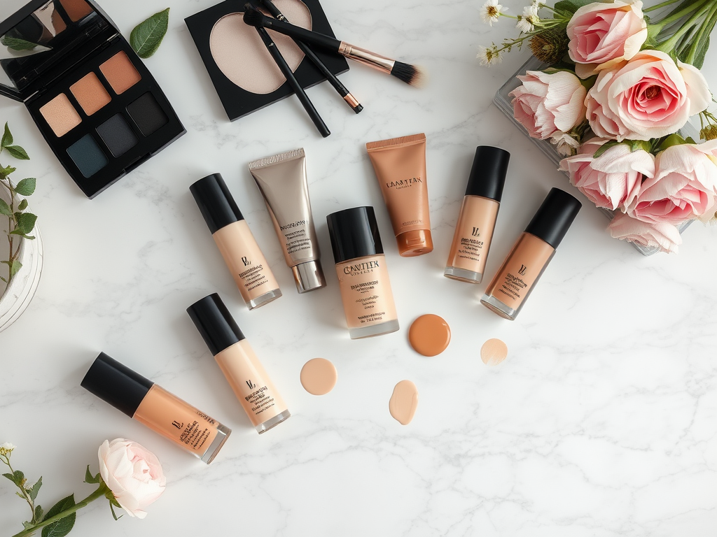 A collection of makeup products, including foundations, eyeshadows, and roses on a marble surface.