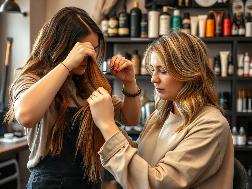 Two women in a salon setting, focusing on hairstyling, surrounded by various hair care products.