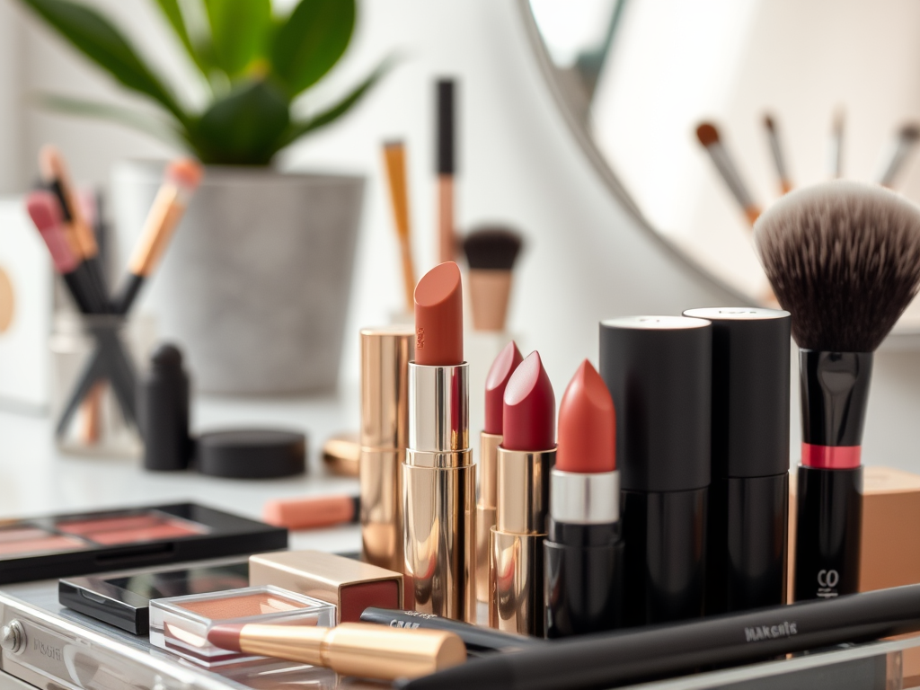 A collection of lipsticks, brushes, and makeup palettes displayed on a vanity with a plant in the background.