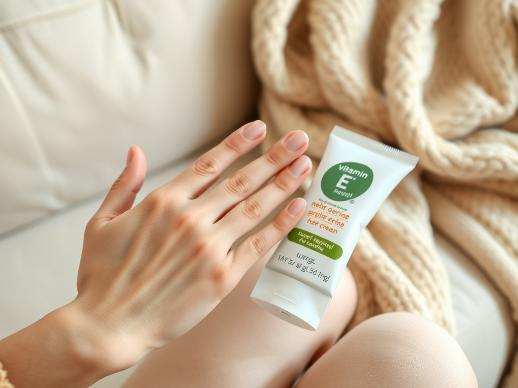 A hand holds a tube of Vitamin E hand cream, resting on a cozy blanket and soft couch.