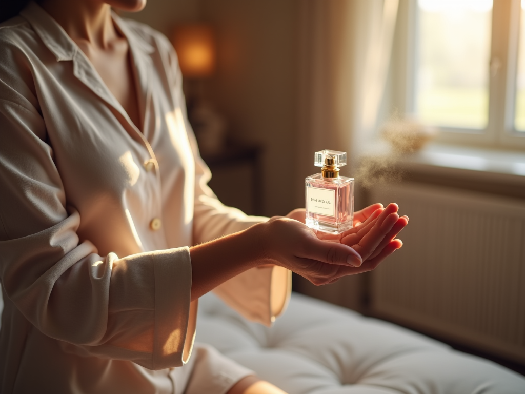 Woman in a white shirt spraying perfume from a bottle in a sunlit room.