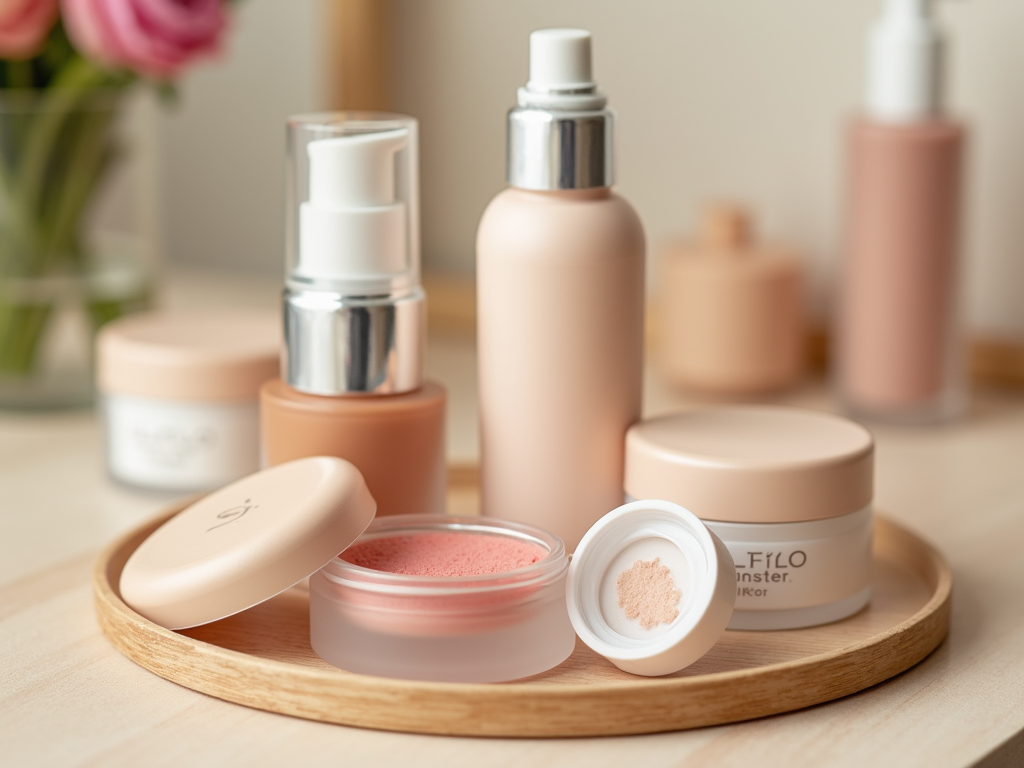 Assorted skincare and makeup products on a wooden tray against a soft background.