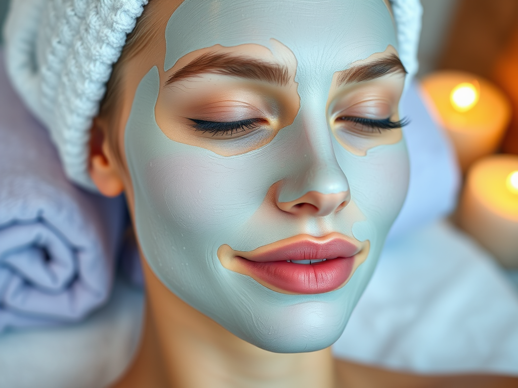 A woman with a facial mask smiles softly, candles glowing in the background, creating a relaxing ambiance.