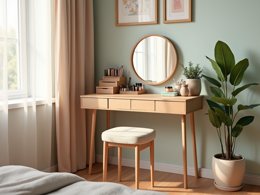 Cozy bedroom corner with a wooden vanity table, round mirror, and a plant, bathed in natural light.