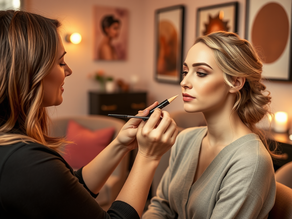 A makeup artist applies lipstick to a client, both focused in a cozy setting with soft lighting and artwork.
