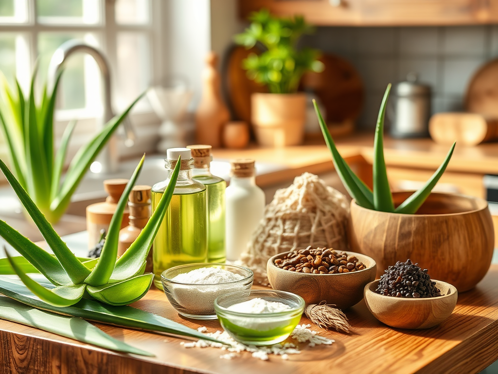 A wooden kitchen counter with aloe vera, oils, herbs, and spices in bowls, creating a natural, wellness setting.