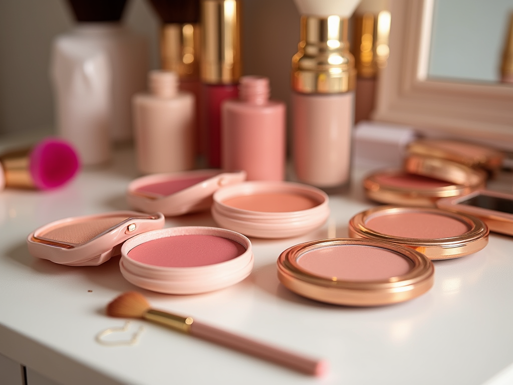 Open and closed blush compacts on a vanity, with makeup brushes and beauty products in soft pink tones.