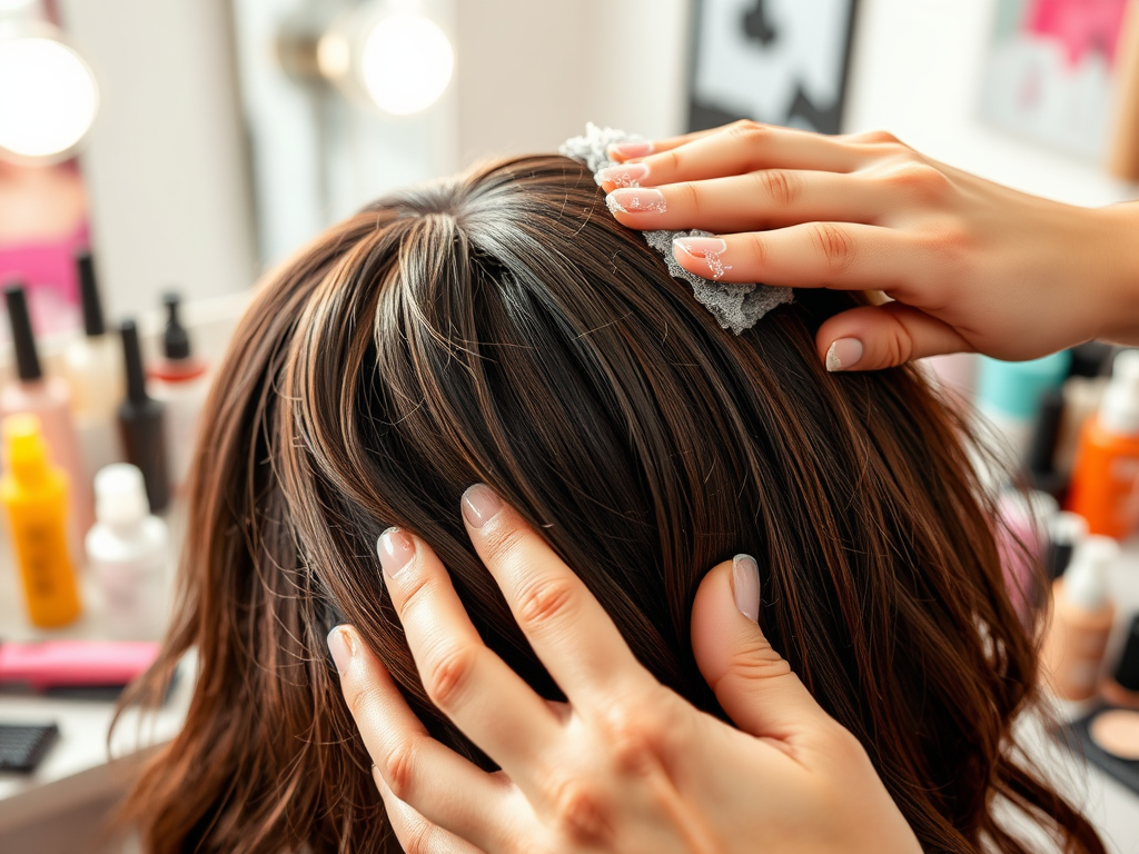 A person applying a treatment to the scalp of someone seated, surrounded by various hair care products.