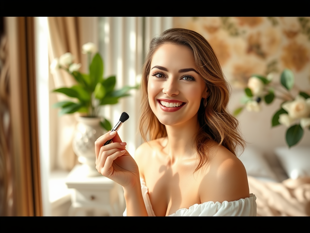 A smiling woman holds a makeup brush, sitting in a bright room with plants and floral decor in the background.