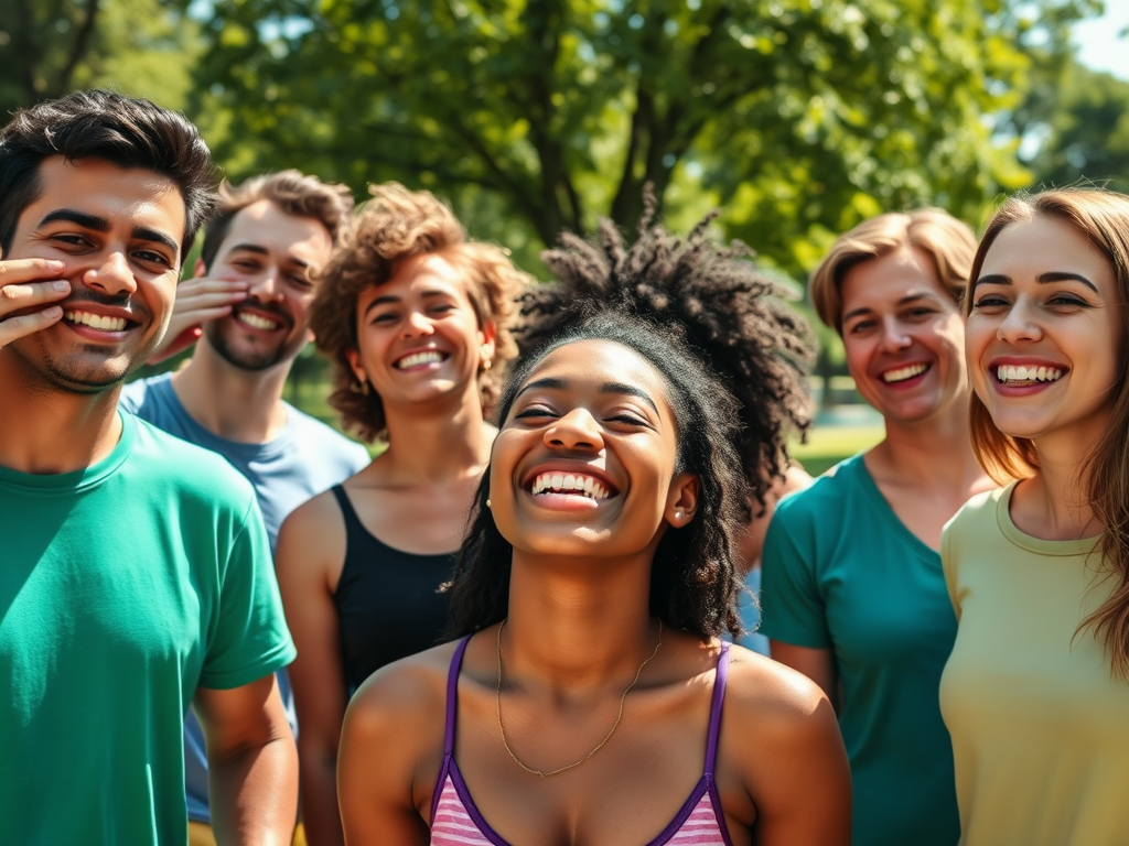 A diverse group of smiling friends stands together in a sunny park, enjoying their time and taking a photo.