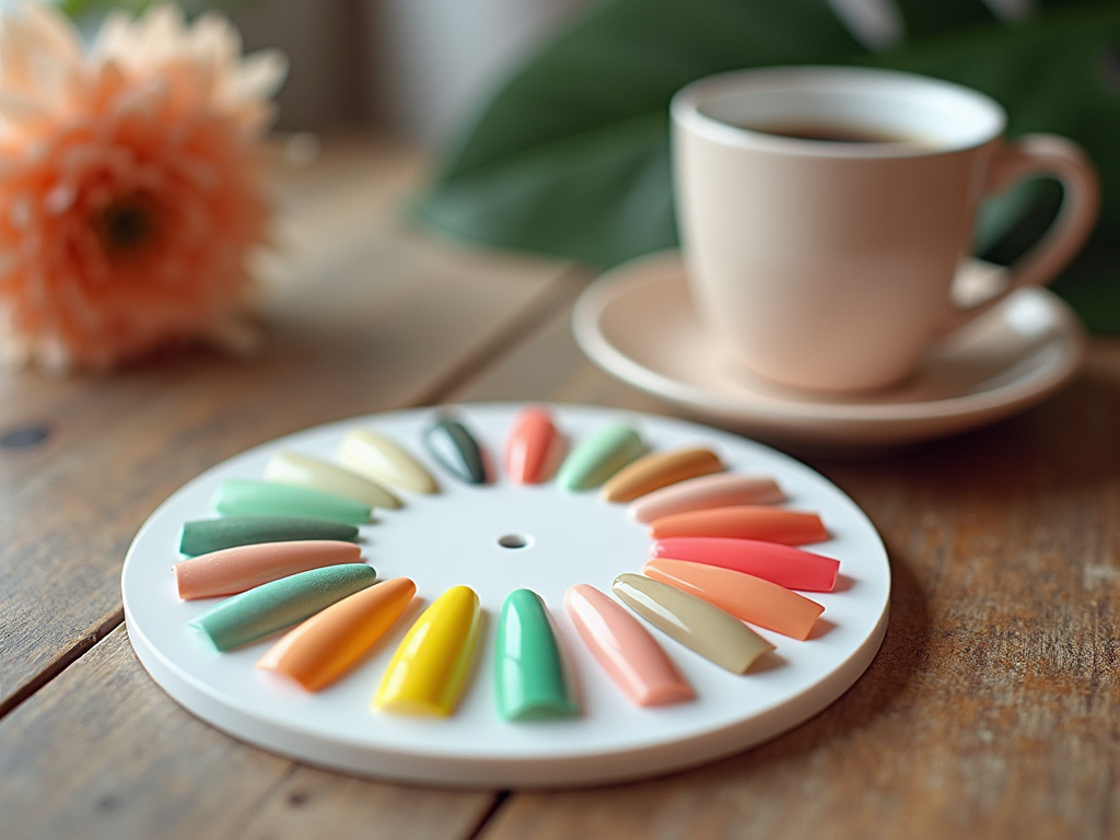 Colorful chalk pieces arranged in a circle on a white palette, with a coffee cup and flower in the background.