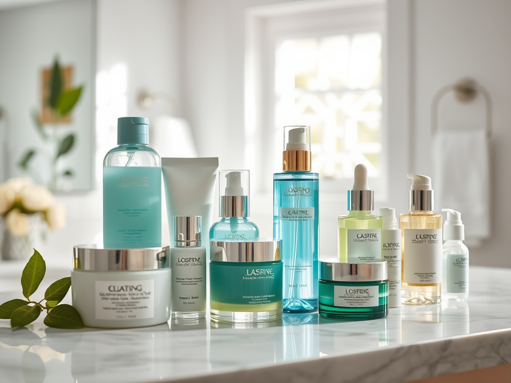 A collection of skincare products displayed on a marble countertop, featuring various blue and green bottles and jars.