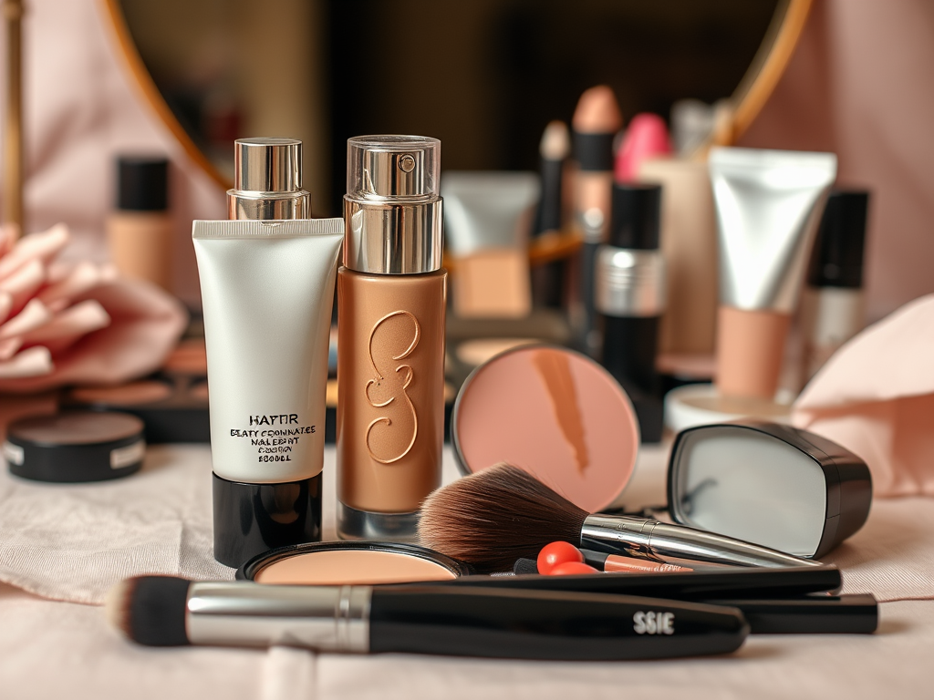 A flat lay of various makeup products, including foundations, brushes, and lipsticks, on a soft background.