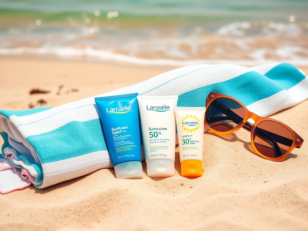 Three sunscreen tubes are placed on a sandy beach with sunglasses and a striped towel in the background.